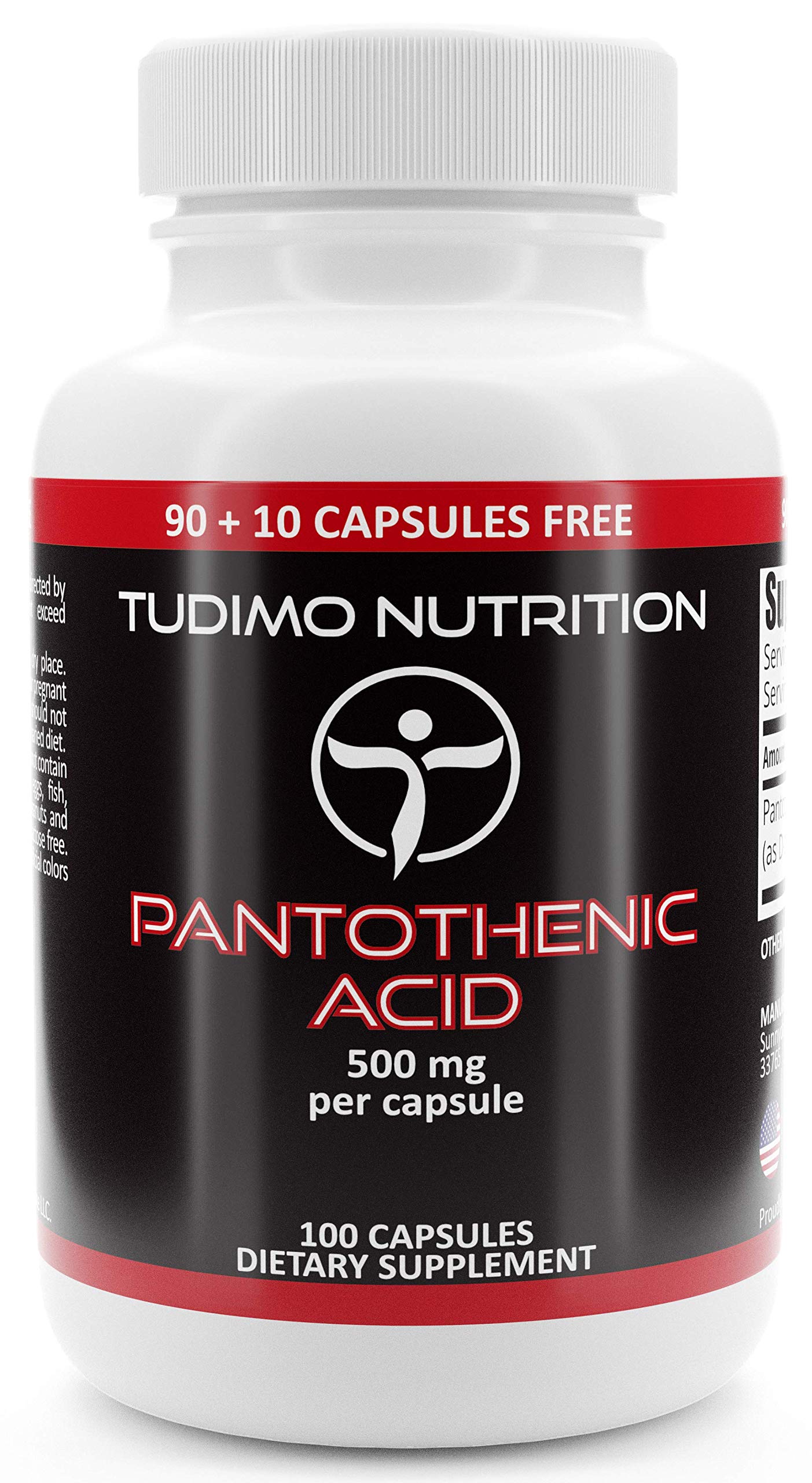 Vitamin B5 Pantothenic Acid 500mg Capsules - 100 pcs (3+ Month Supply) of Rapidly Disintegrating Capsules, Each with 500 mg of Premium Quality & Pure VIT B-5 Pantothenic Acid Powder