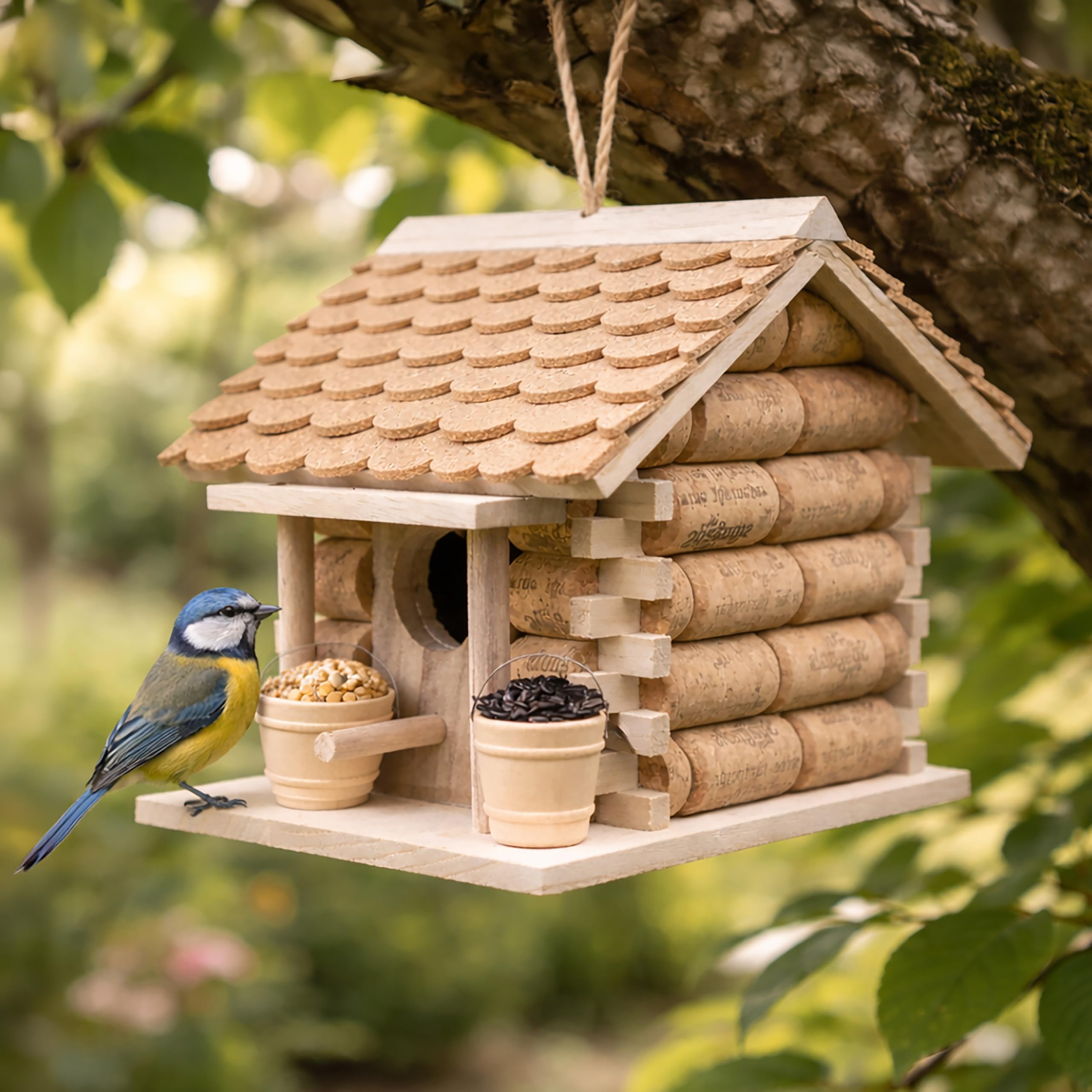 Garden Mile Cork Bird House Hanging Wooden Birdhouse with Wine Cork Design Rustic Bird Nesting Box for Garden Eco-Friendly Decorative Bird House for Small Birds Unique Gift for Wine Lovers & Gardeners