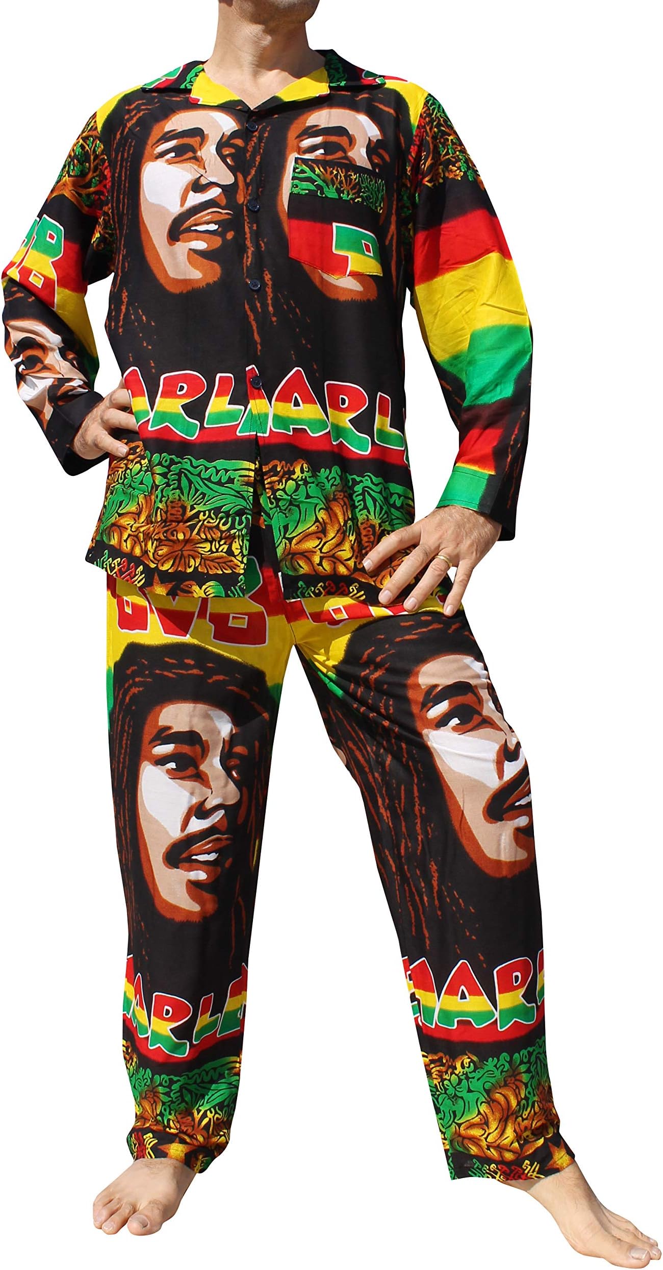 Full Funk Light Viscose Pajama Shirt and Pants Set Sleepwear Nightwear Marley Rasta
