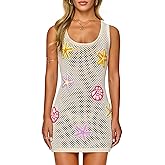 FAIRY SEASON Women's Crochet Beach Cover Up with 3D Starfish & Shells, Sleeveless Mini Dress for Pool, Resort Vacation