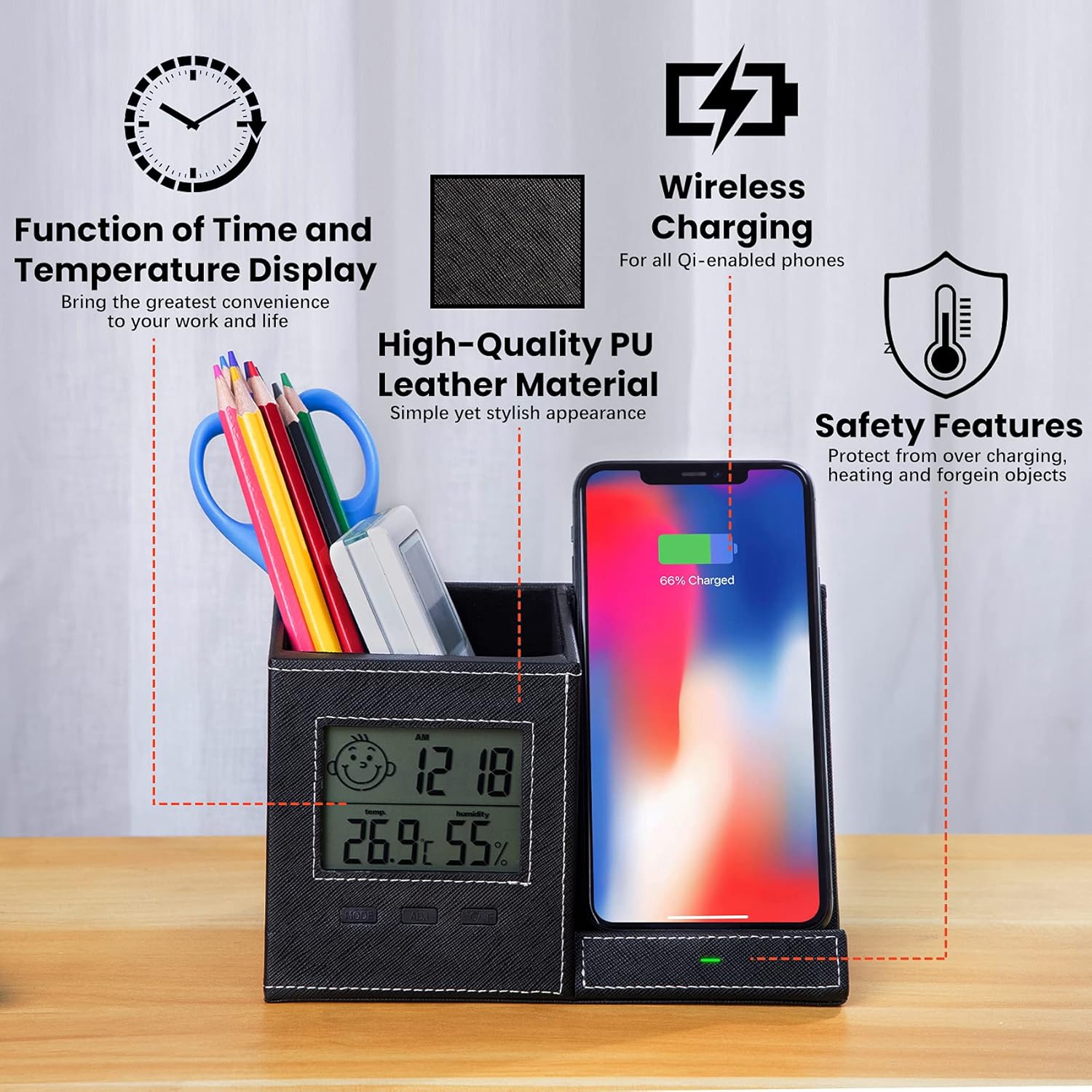 Desk Organizer with Pen Holder, Wireless Charger, Digital Indoor Thermometer and Humidity Gauge, Desk Storage and Supplies, Home Office Organizers for Desk (Battery Included): Home Improvement