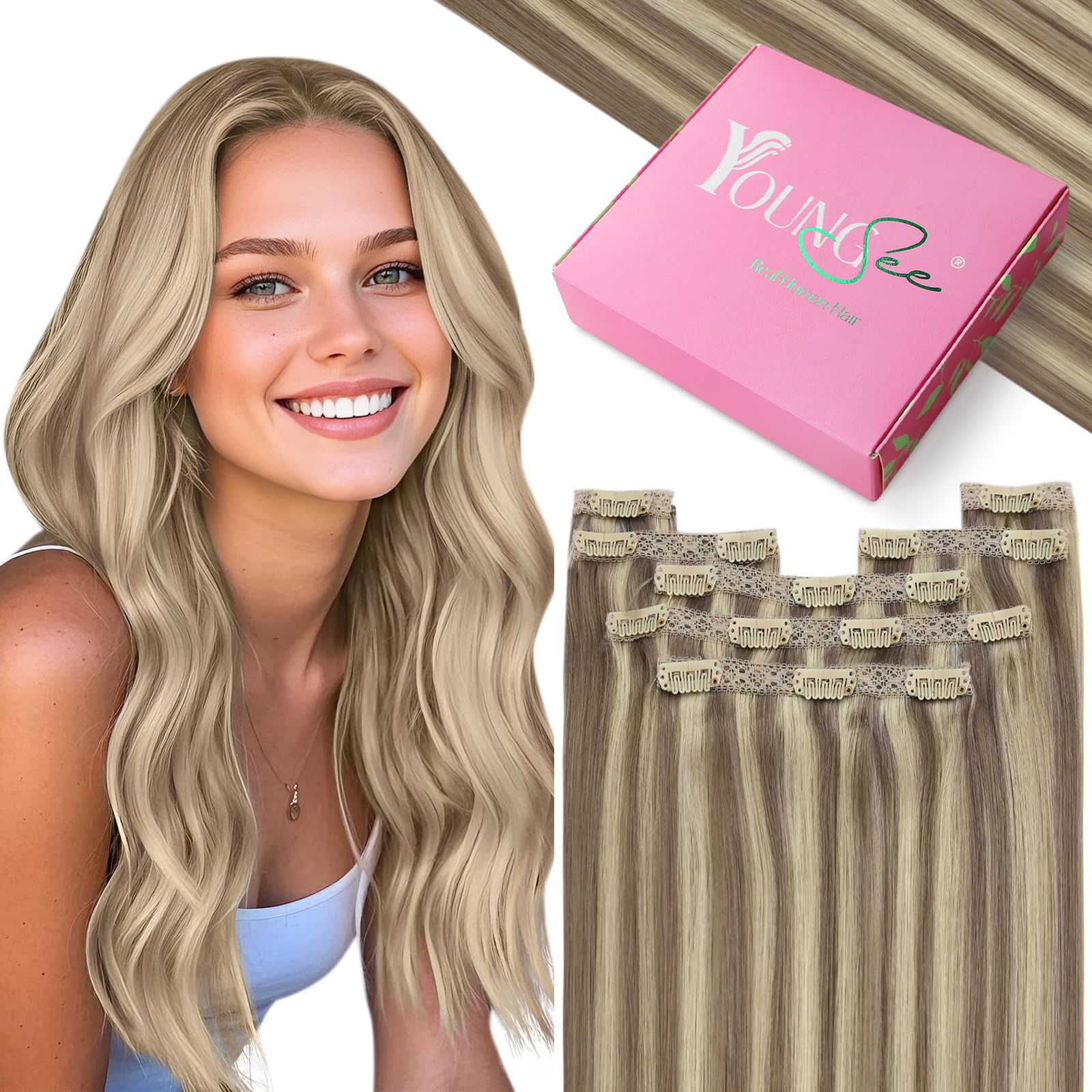 YoungSee Human Hair Clip in Extensions Brown 12 inch 80g Invisible Clip in Human Hair Extensions Light Brown Highlights with Platinum Blonde Clip in Hair Extensions for Wedding Short Straight 7pcs — image 1
