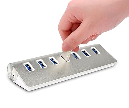 Rybozen USB Hub 7-Ports USB 3.0, Aluminum Shell USB Hub mit Netzteiladapter für Windows iOS PC Mac Laptop