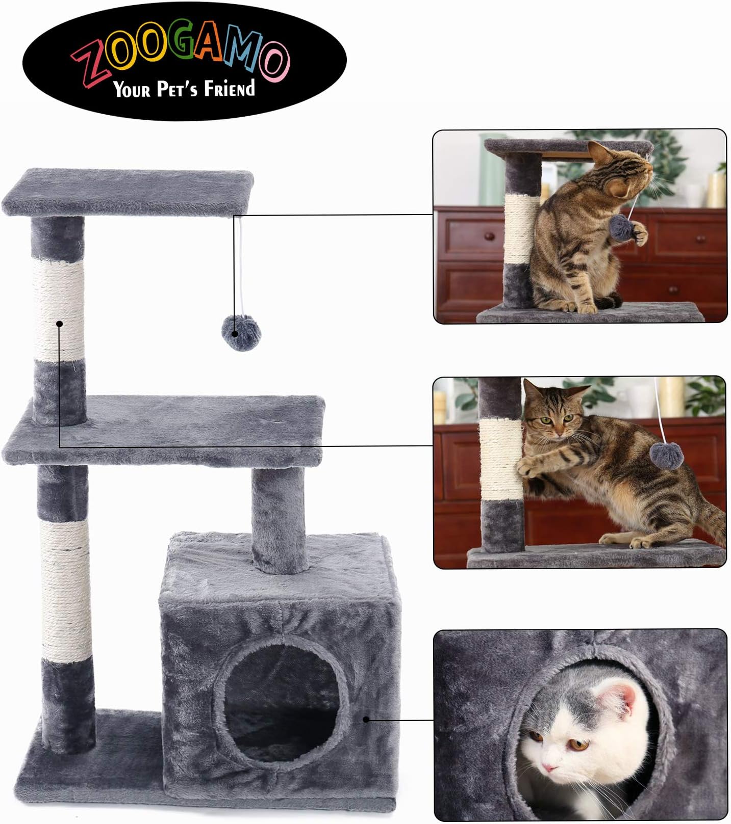 Zoogamo 34 Inches Tall Luxury Cat Tree Tower Stand 5 Levels Platform with Condo Scratching Posts Padded Perch and Dangling Ball Cat Home Furniture