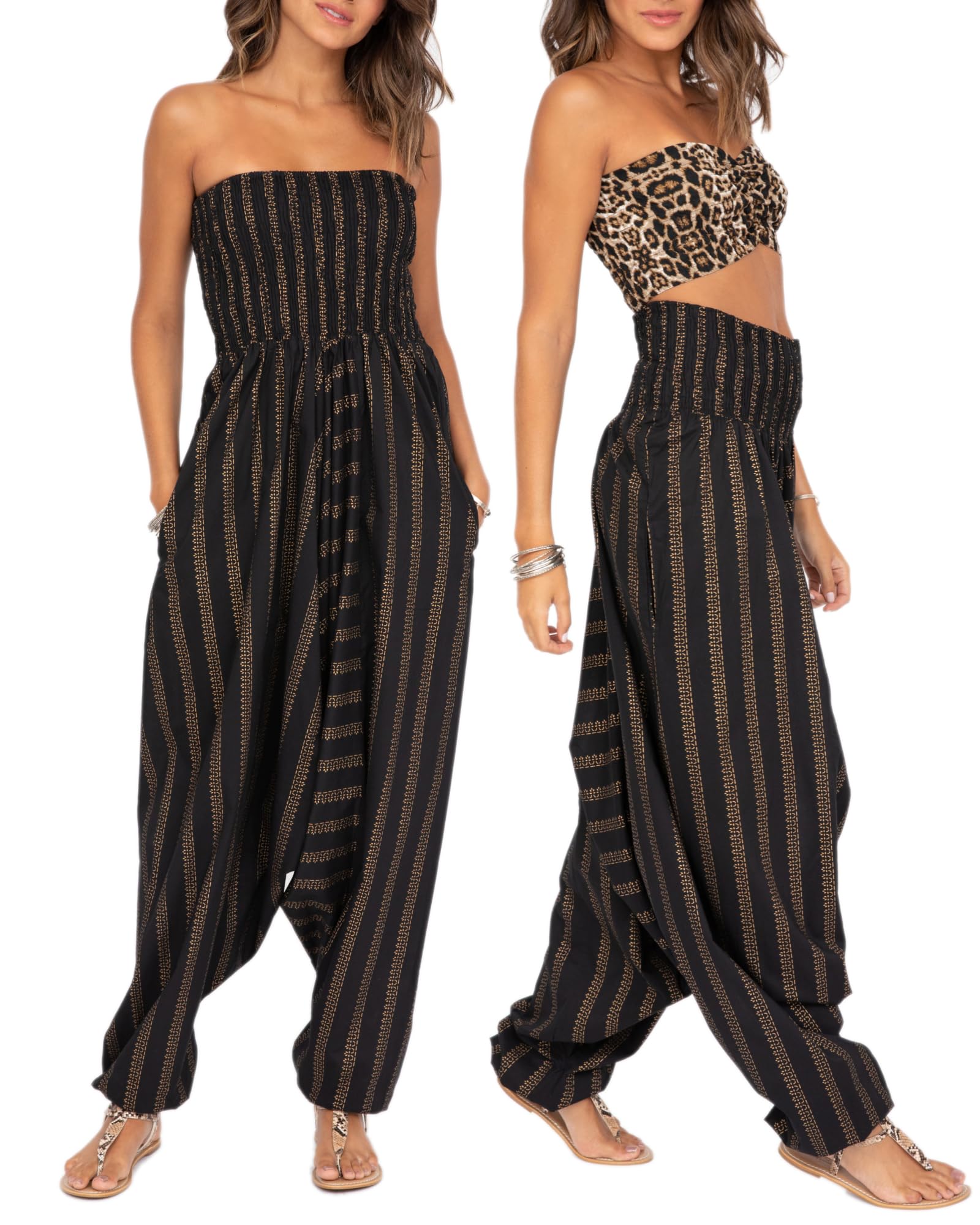 likemary Jumpsuits for Women UK Converts into Harem Pants with Pockets - 2-in-1 Outfit - Cotton Strapless Romper & Comfy Elasticated Waist Trousers Black Gold Stripes