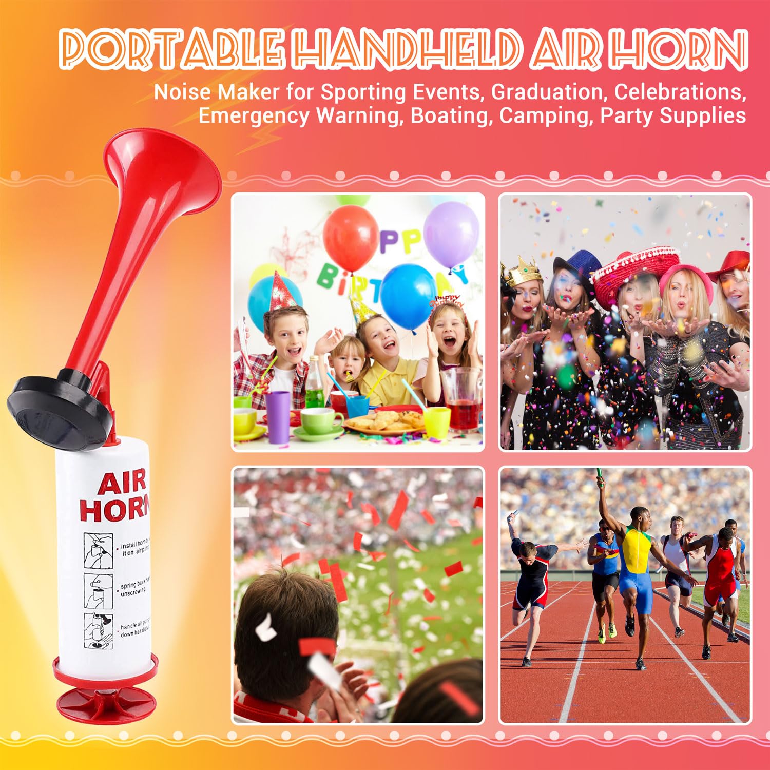 Handheld Air Horn, Noise Makers for Sporting Events, Aluminum Super Loud Football Noise Maker Air Pump Sports And Marine Signal Safety Alarm Horns for Boating, Hiking, Sports Events, Birthday Parties