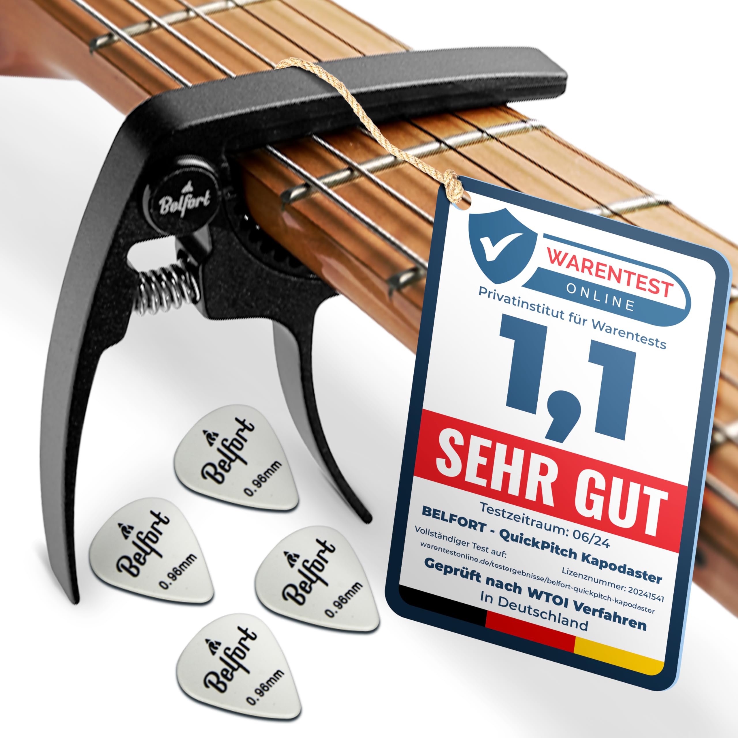 BELFORT® QuickPitch Kapodaster für Gitarre + 3 Plektren + Gratis eBook - Kinderleichte Bedienung, Capo für Gitarre (Westerngitarre, Akustikgitarre, Konzertgitarre, E-Gitarre, Ukulele) Gitarren Zubehör