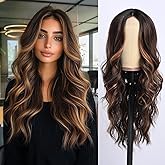 SeclitWu Dark Brown Wig With Highlight for Women Middle Part Brown Mixed Blonde Wavy Wigs With Highlights Natural Looking Synthetic Heat Resistant Fiber Wig for Daily Party Use (26 Inch)