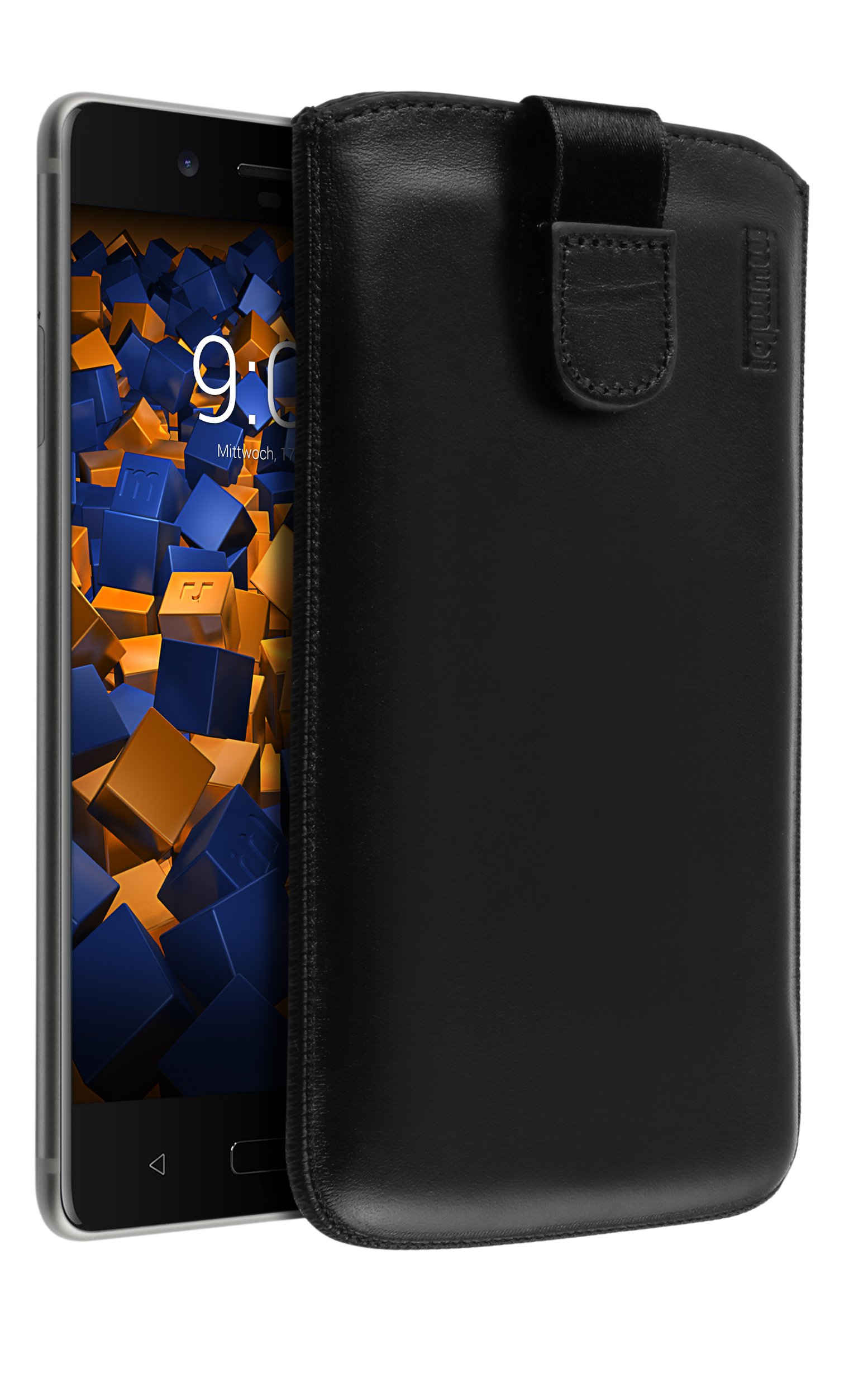 mumbi Genuine Leather Case with Flap and Pull-Up Strap for Nokia 8 Black