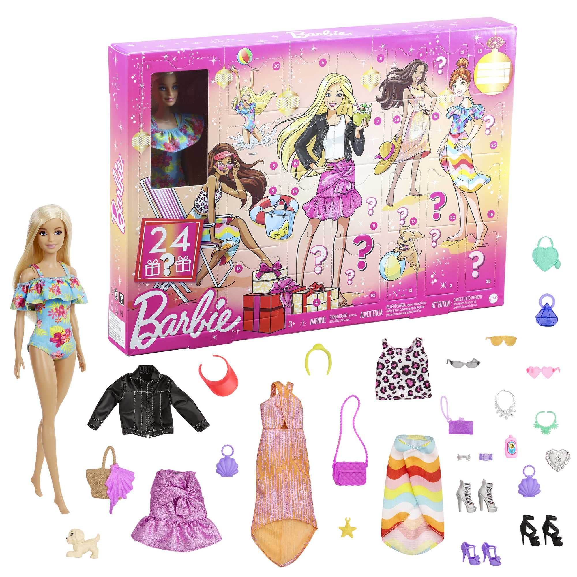 Barbie Advent Calendar, 24 surprises and 1 doll, gift for season, for kids 3 to 7 years old, GXD64