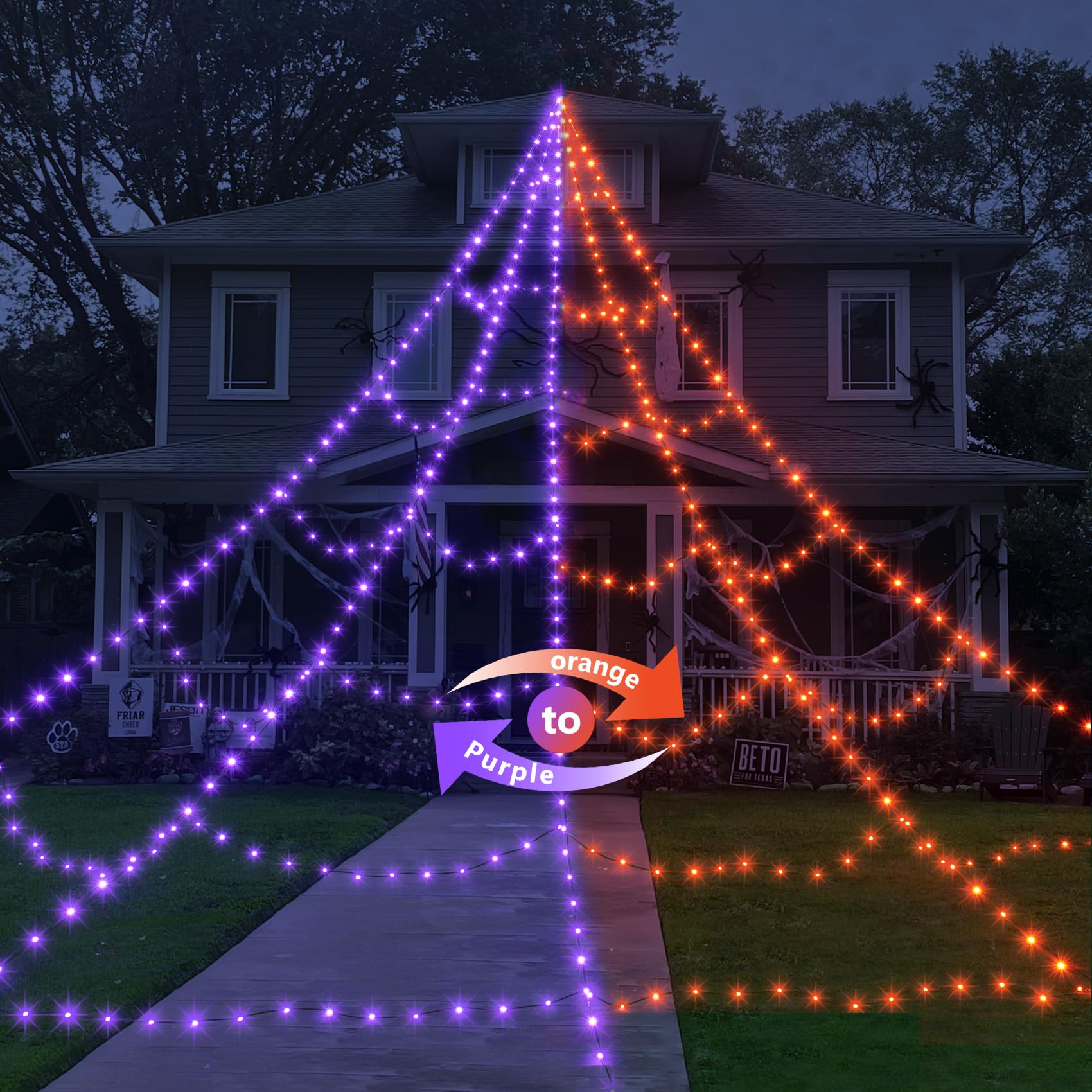 Photo 1 of Halloween LED Spider Web Lights for Halloween Decorations Outdoor - 455 LEDs, 11 Lighting Modes & Timer, 16.4 Ft Light Up Giant Spider Webs