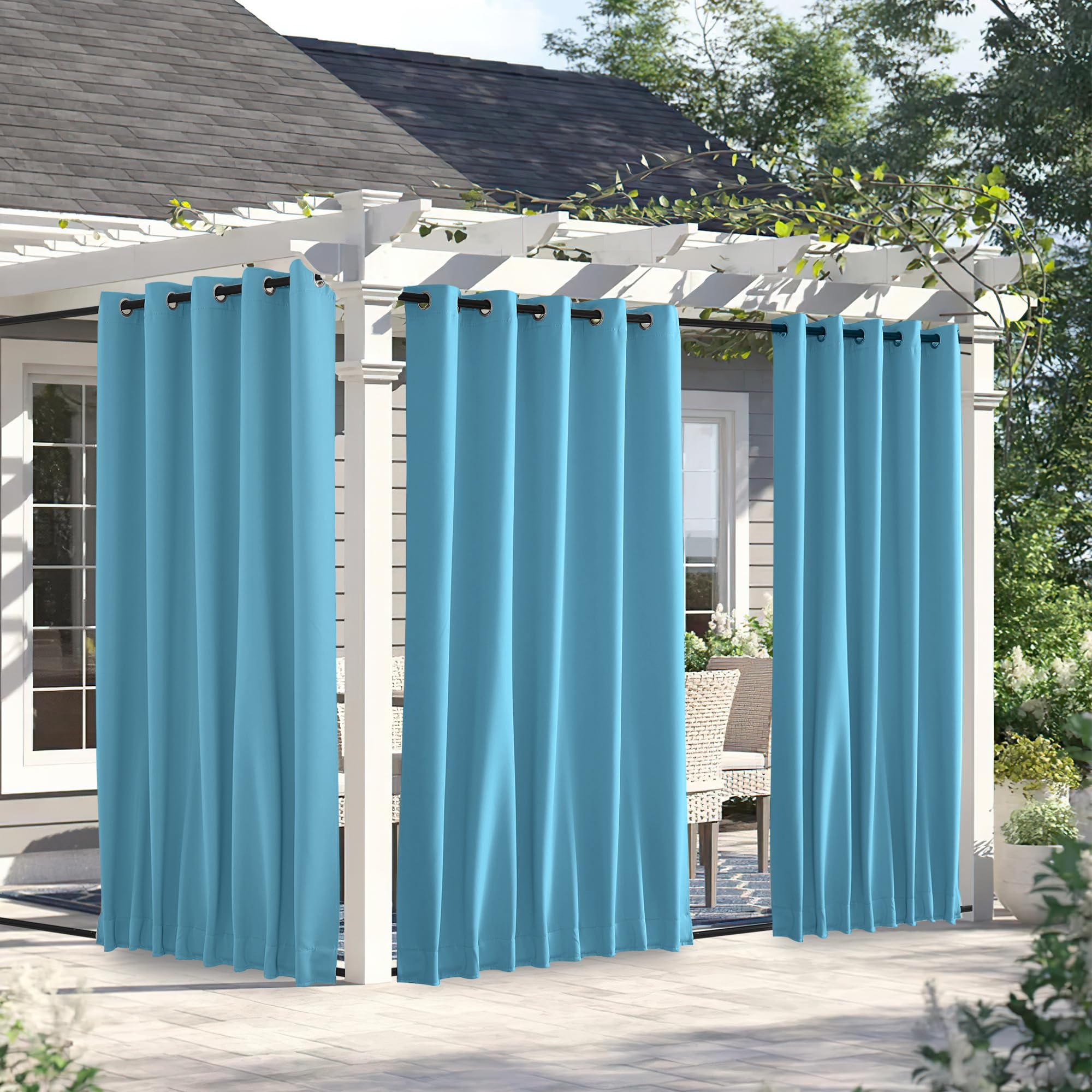 NICETOWN 2 Panels Weighted Outdoor Curtains for Patio Waterproof, Thermal Insulated Grommet & Back Tab on Top & Bottom Windproof Sun Blocking Draperies for Gazebo with Fixed Rope, Teal Blue, W66 x L84 Image