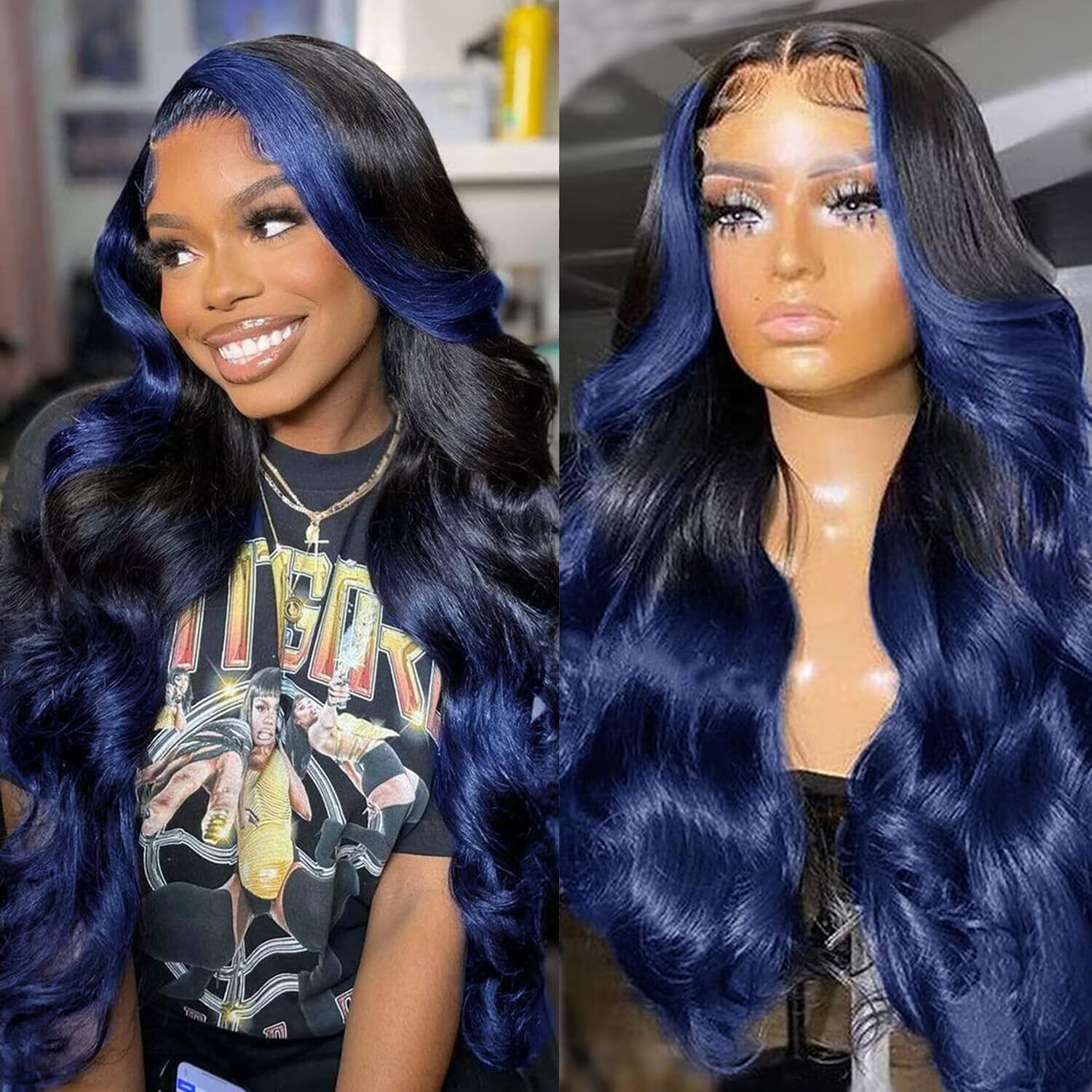 Photo 1 of Ombre Blue13x4 Lace Front Wigs Human Hair Body Wave 1B/Blue Skunk Stripe Lace Frontal Wigs Pre Plucked Hairline Royal Blue Highlight HD Lace Front Wigs With Streaks Colored 150% Densty 24 Inch