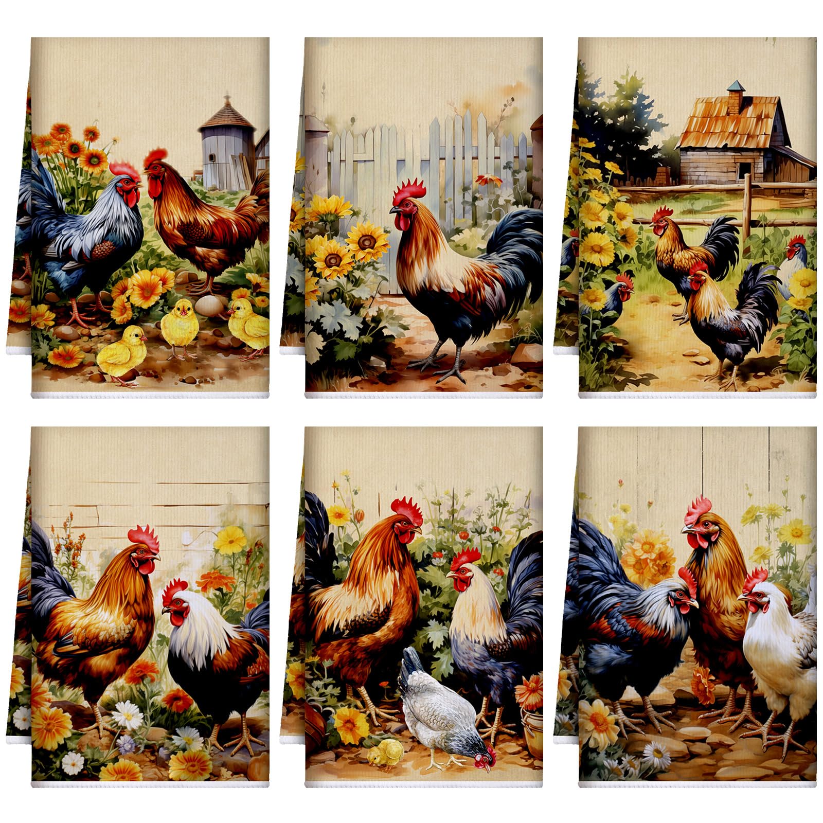 Photo 1 of Bencailor 6 Pcs Farmhouse Kitchen Towels Chicken Rooster Kitchen Decor Farm Animal Hand Towels for Cooking Baking Housewarming Gift,15.75 x 23.62 inch(Fresh Color,Daisy Rooster)