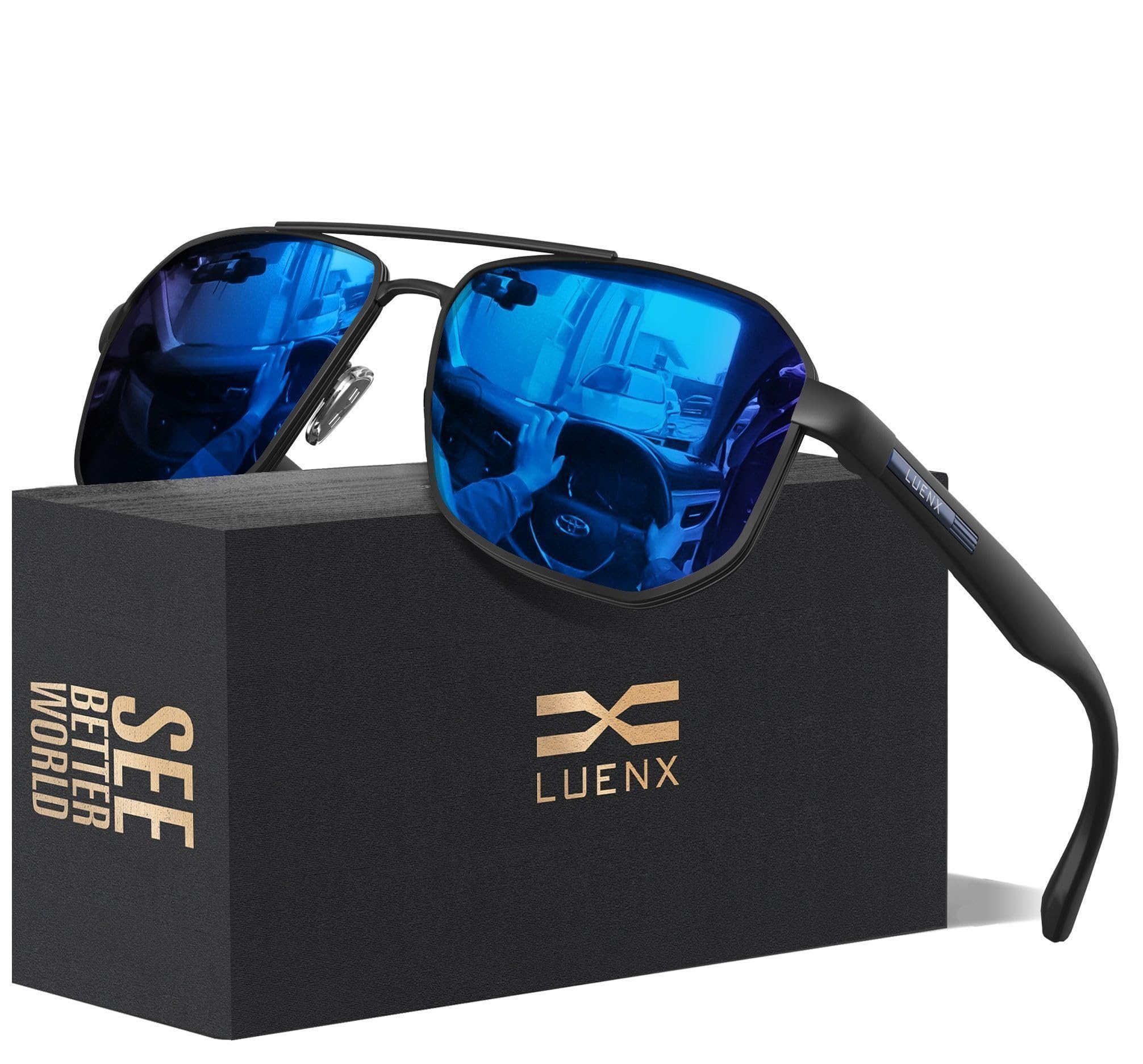 View 1 of LUENX Aviator Sunglasses for Men Square Polarized Polygon Lens Mirror Dark Blue Lens