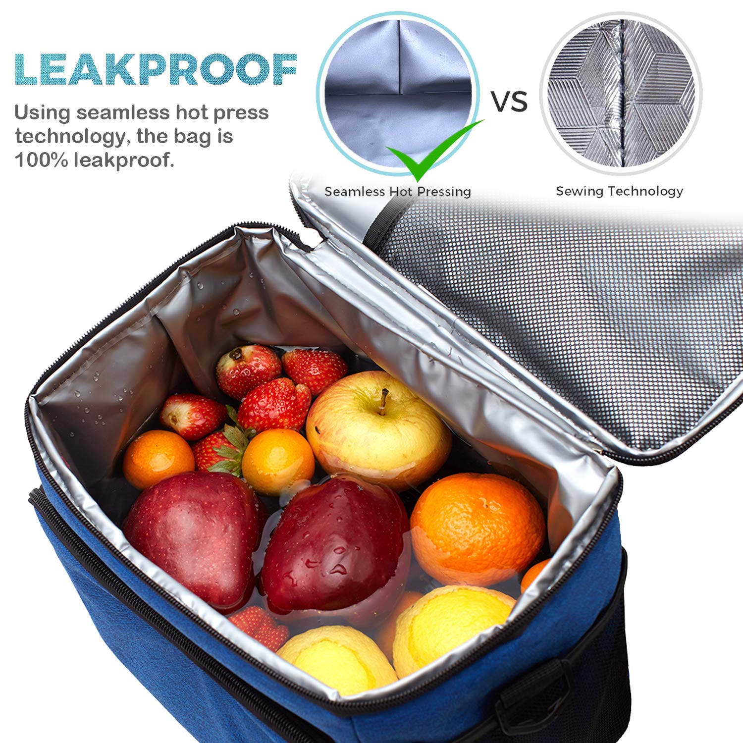 Insulated Cooler Lunch Bag Leak Proof Reusable - Office Work Picnic Hiking Beach Lunch Box Organizer with Adjustable Shoulder Strap for Men Women VP036-Blue