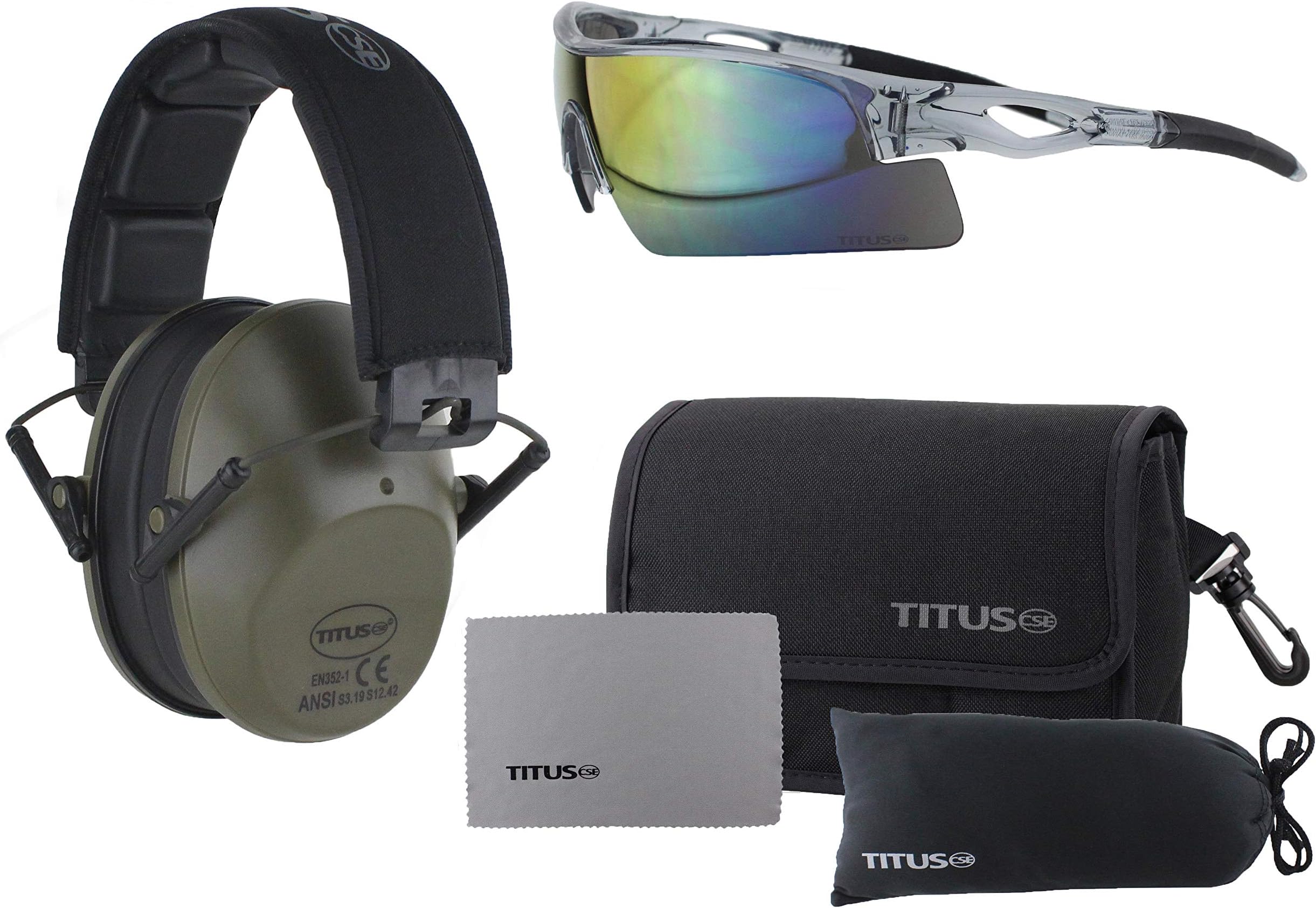 TITUS Slim-line Earmuffs and Safety Glasses Combo Pack (Olive, Grey Frame w/Mirrored Lens)