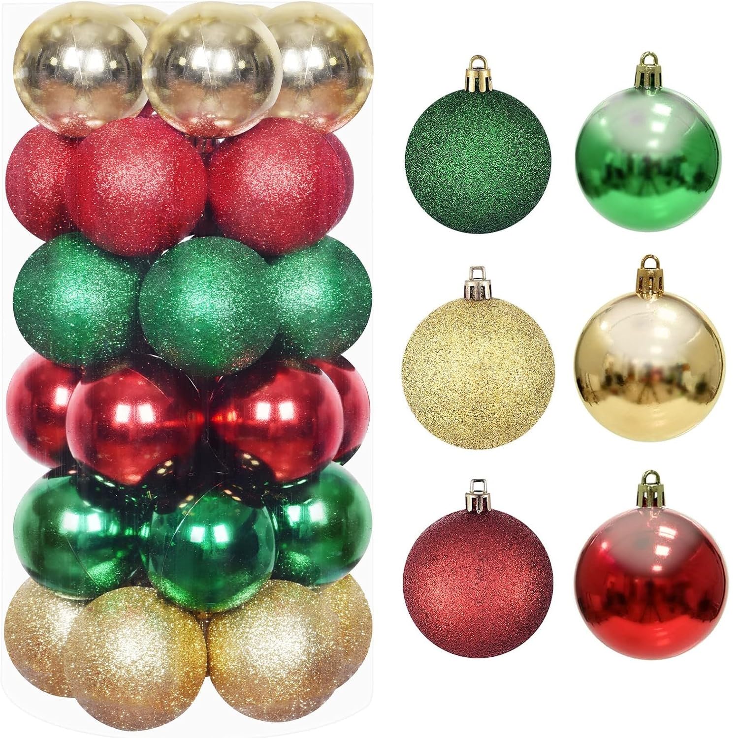 LATERN 30Pcs Christmas Baubles, 6CM Red Green Gold Christmas Ball Ornaments Shatterproof Xmas Hanging Balls Sets for Christma Tree Holidays Home Xmas Party Decoration (6 Styles)