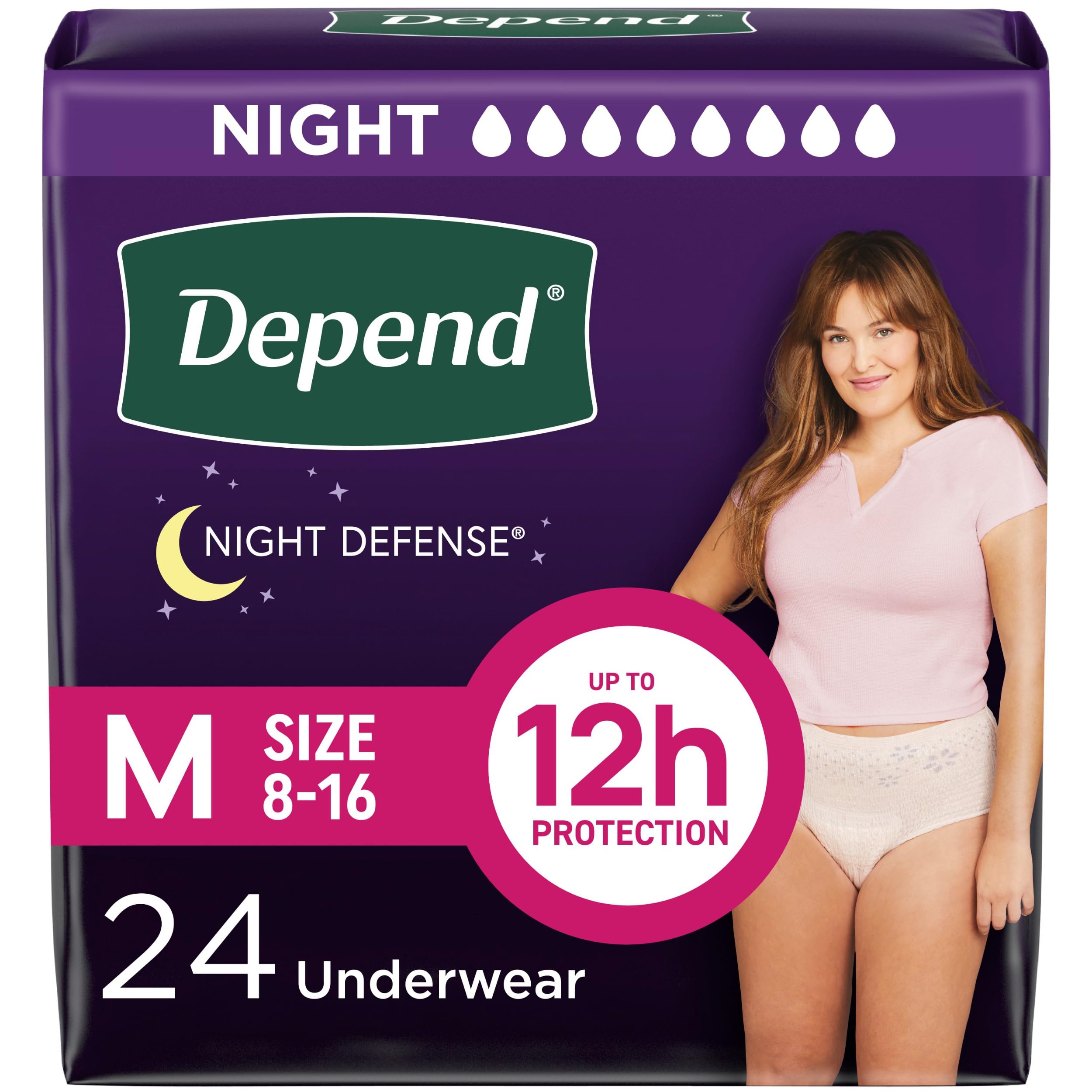 Photo 1 of Depend Night Defense Adult Incontinence & Postpartum Bladder Leak Underwear for Women, Disposable, Overnight, Medium, Blush, 24 Count, Packaging May Vary