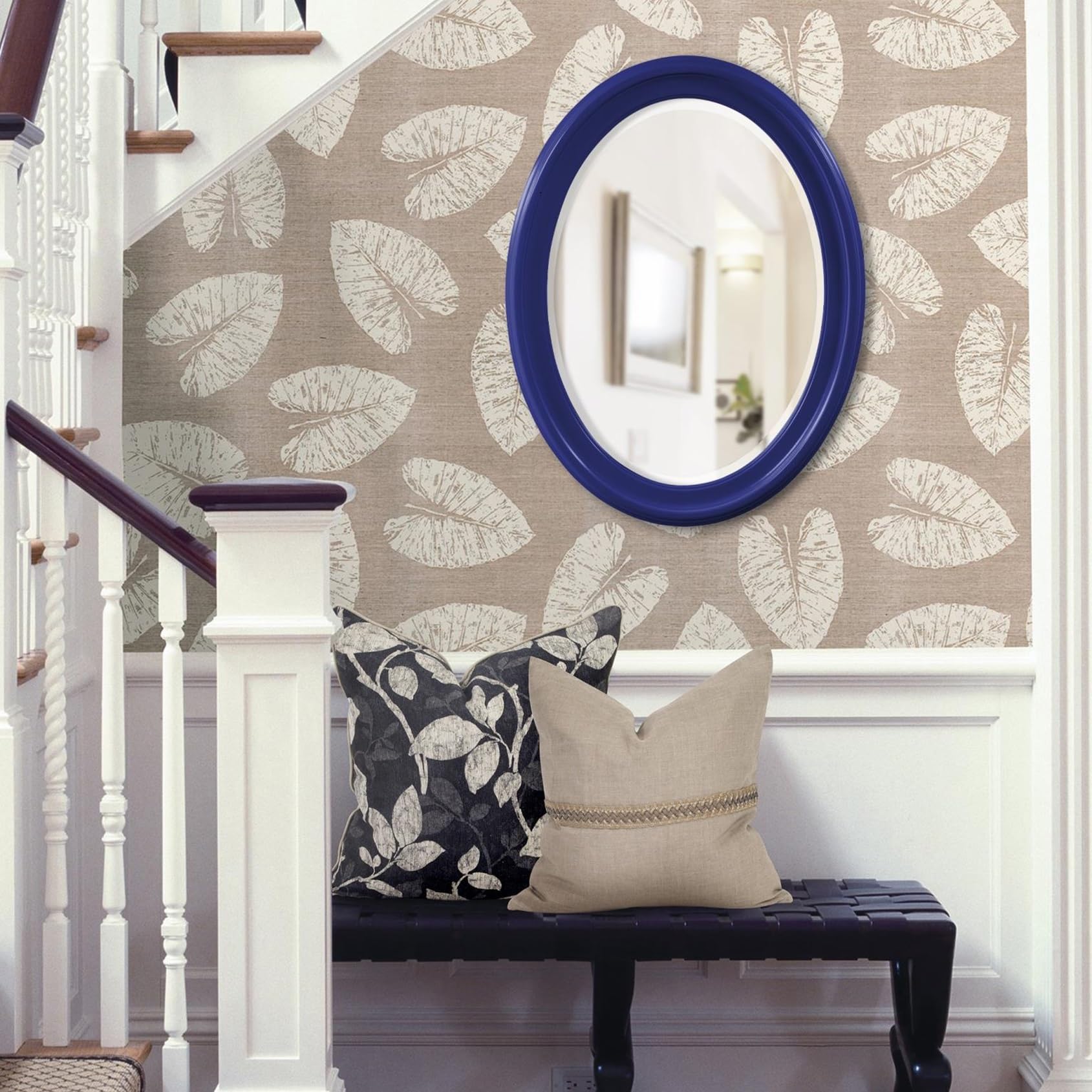 Howard Elliott George Oval Glossy Navy Wall Mirror, Oval Bevelled Hanging Wood Framed Vanity Mirrors for Home Decor, Living Room, Bathroom, Bedroom, or Hallway, 25 x 33 Inch Image