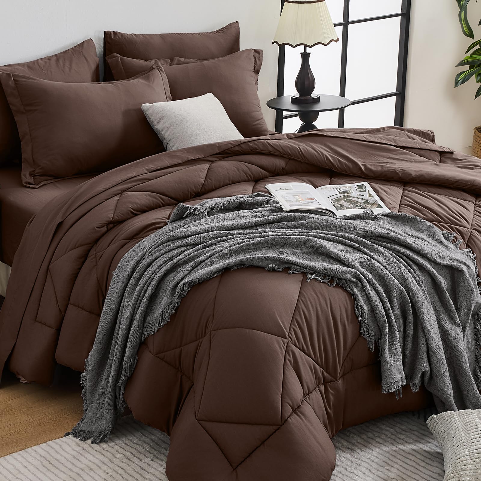 HEVUMYI Brown Queen Comforter Set - 7-Piece All Season Bed in a Bag Queen, Ultra Soft Bedding Set with Comforter, Flat Sheet, Fitted Sheet, Pillowcases, Pillow Shams Image