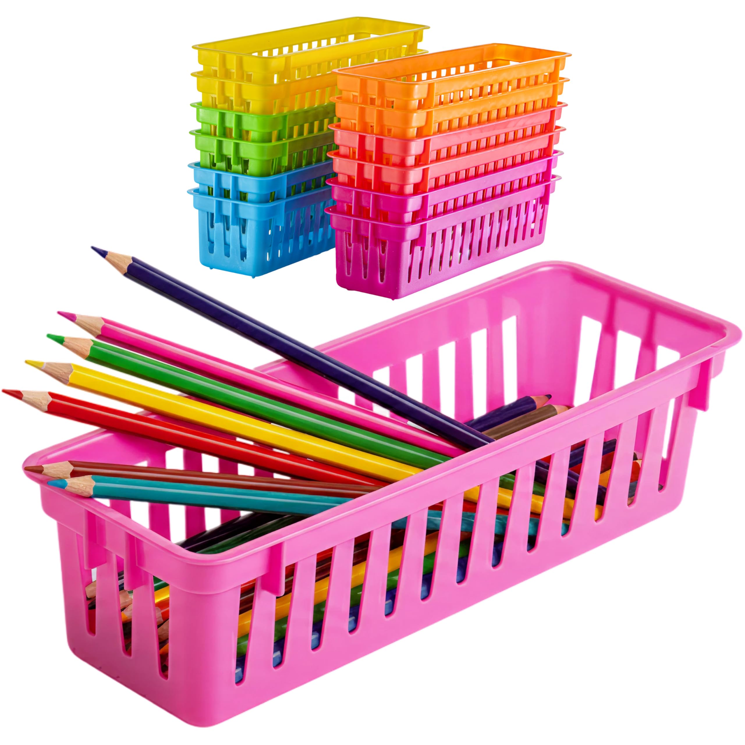 Prextex Classroom Storage Baskets Set - Colourful Pencil Trays, Table Organizers, and Pots for Classroom Organization - Durable Pencil and Supplies Basket for Teachers and Students - Pack of 12