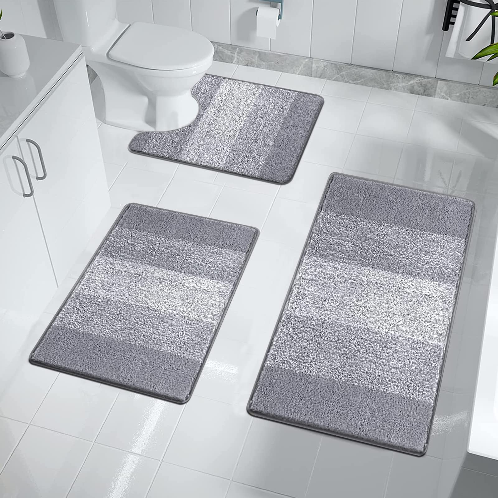 Enyhom Soft Bathroom Mat Sets 3 Piece Microfiber Water Absorbent Bath Mats and Toilet Mat Sets Non Slip Machine Washable Shaggy Bath Shower Rugs, Light Grey