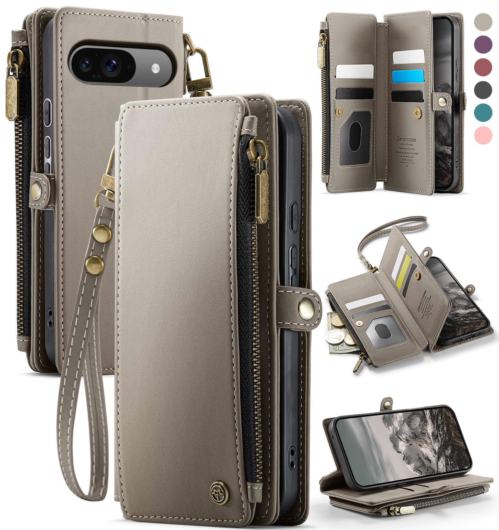 Photo 1 of Defencase Compatible with Pixel 9/Pro Case, RFID Blocking Wallet Case Fit for Google Pixel 9 & 9 Pro Soft PU Leather Magnetic Snap Flip Zipper Strap Card Holder Phone Case for Women Men, Grey