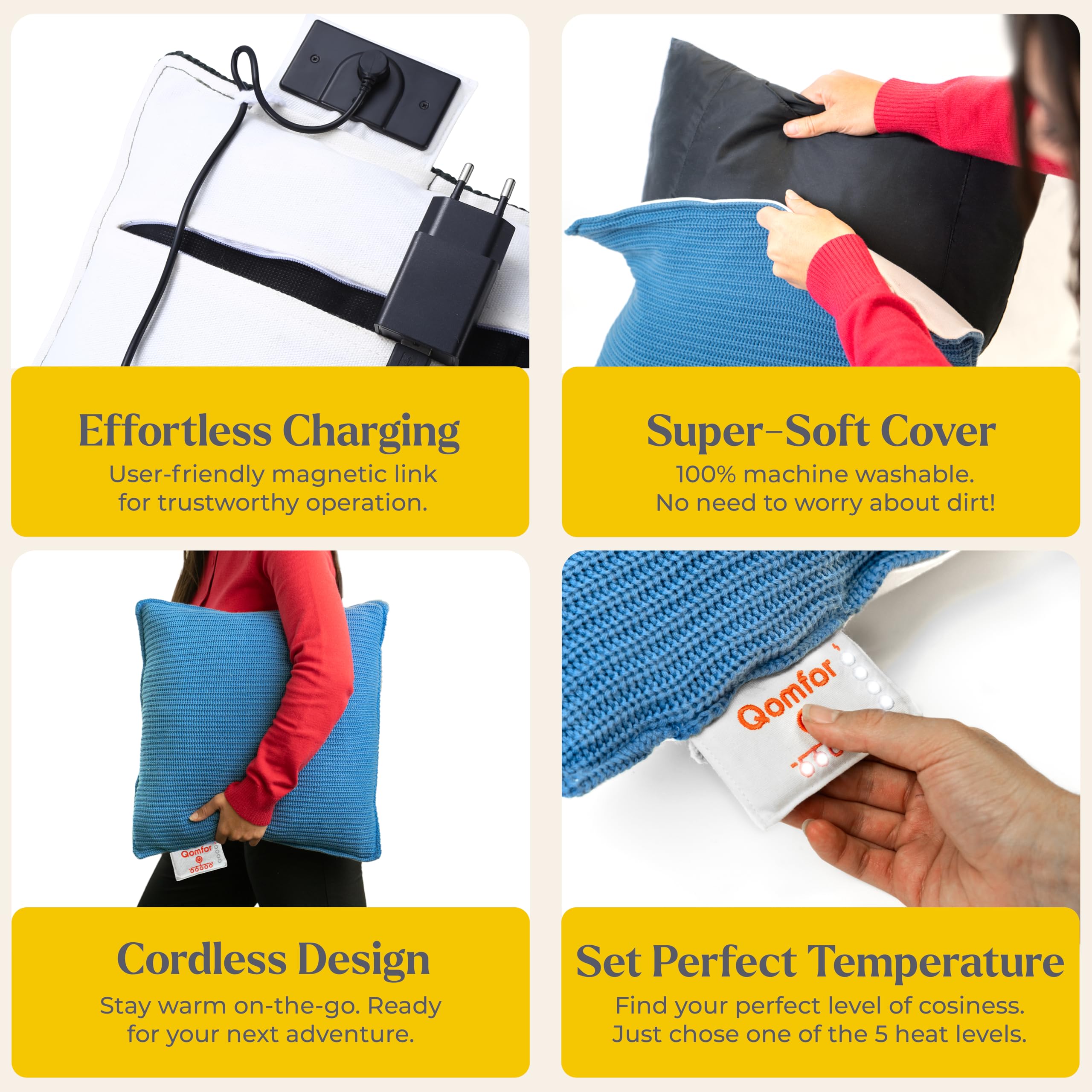 Qomfor Wärmekissen | 5 Wärmestufen & Batteriestandsanzeige | Wärmekissen Kabellos mit gemütlich gestricktem Bezug & Magnetischem Ladekabel | Tragbar & Waschbar | Beheizbares Kissen (Blau - 42x42cm) 4