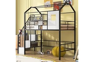 BOVZA Twin Size House Loft Bed with Stairs and Roof, Kids Metal Low Loft Bed Frame with a Storage Box and Saftey Guardrails for Teens Boys, Black+White