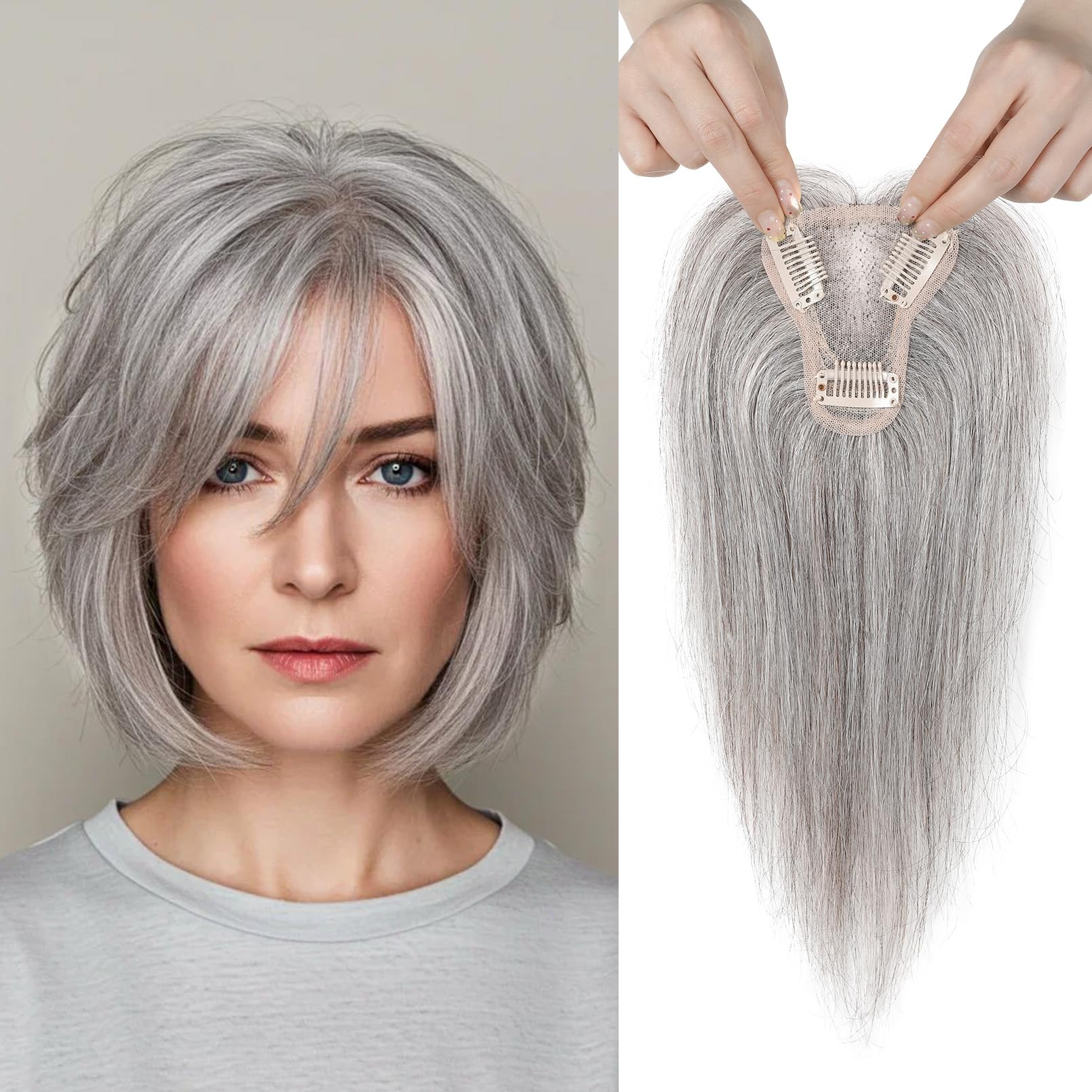 Photo 1 of REECHO Human Hair Topper, 10 Inch Hair Toppers for Women Real Human Hair, Real Human Wiglet Adding Targeted Coverage for Thinning Hair, Light Gray