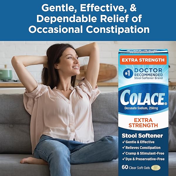 COLACE EXTRA STRENGTH STOOL SOFTENER, 60 COUNT, GENTLE CONSTIPATION RELIEF FOR ADULTS, 250 MG DOCUSATE CAPSULES, #1 DOCTOR RECOMMENDED STOOL SOFTENER BRAND