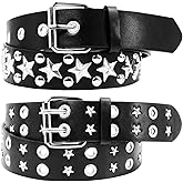 DRABPOI 2 Pcs Black Studded Belt PU Leather Y2K Star Belt Gothic Punk Rock Belts Double Metal Grommets for Women Men