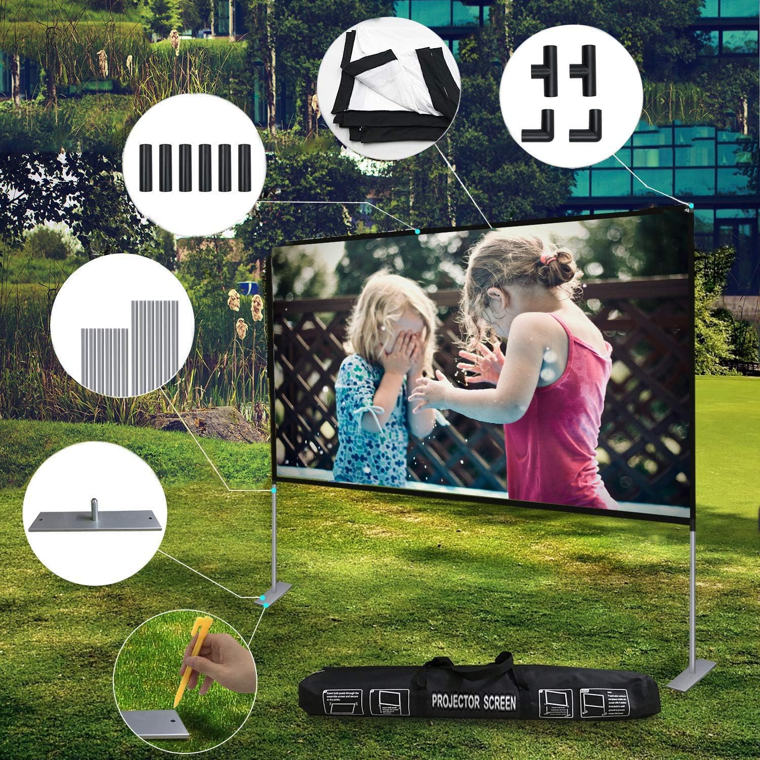 JinHuiCheng Projector Screen with Stand Portable Projection Screen 16:9 for Indoor Outdoor Home Theater Backyard Cinema Trave (100inch): Home Audio & Theater