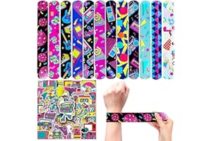 CZWXOXO 74Pcs 80s Theme Party Favors Contain 24 Pcs 80s Theme Slap Bracelets 50Pcs 80s Theme Stickers, Retro Birthday Party Decorations,Classroom Rewards Supplies.
