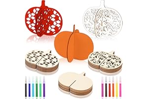 Blosssound 48 Pcs Fall Craft Set 36 Wood Pumpkin Crafts 3D Pumpkin Cutouts with 12 Colored Markers Wooden Unfinished Slices to Paint for Thanksgiving Autumn Harvest DIY Handmade Tiered Tray Decor