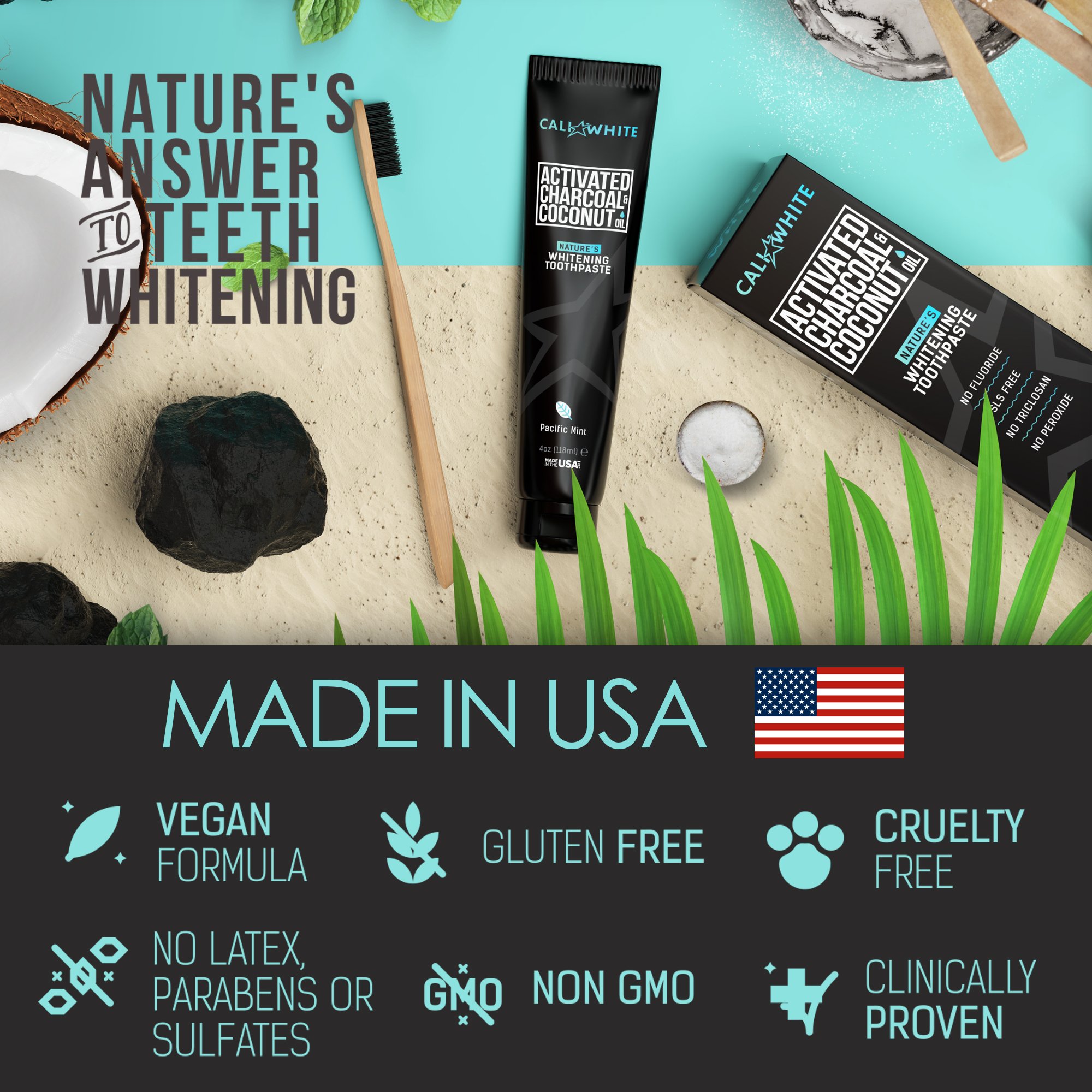 Cali White ACTIVATED CHARCOAL & ORGANIC COCONUT OIL TEETH WHITENING TOOTHPASTE, MADE IN USA, Best Natural Whitener, Vegan, Fluoride Free, Sulfate Free, Organic, Black Tooth Paste, Kids MINT (4oz) - Image 4