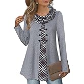 Bebonnie Womens Long Sleeve Cowl Neck Warm Splicing Tunic Tops with Buttons