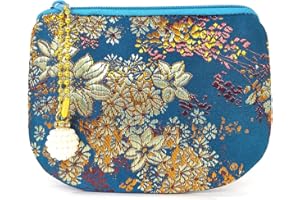 GOLDEN AMY Handmade Jewelry Pouch Women Coin Purse Brocade Zipper Wallet Silk Makeup Bag - INDIGO