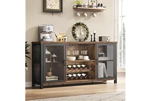 Industrial Coffee Bar Cabinet, Wine Bar Cabinet for Liquor and Glasses, Liquor Cabinet with Wine Rack Storage, Wood Metal Sid