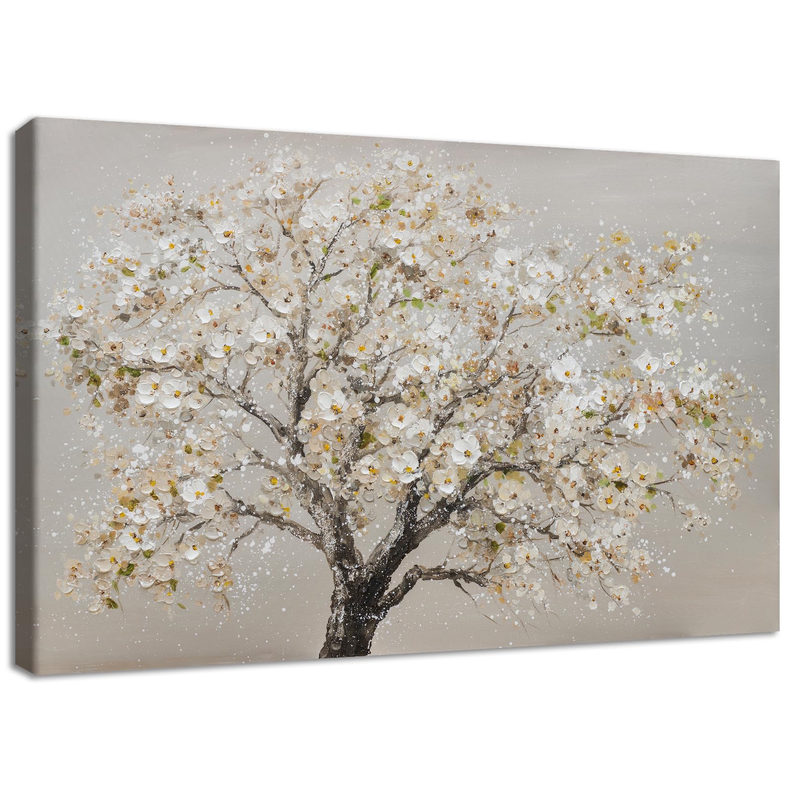 Wooden Framed Canvas Wall Art Blossom Cerasus Tree Painting Poster Gallery Wrapped Canvas Prints Wall Artwork Khaki Floral Pictures for Living Room Bedroom Bathroom Hallway Home Wall Decor 40x60cm