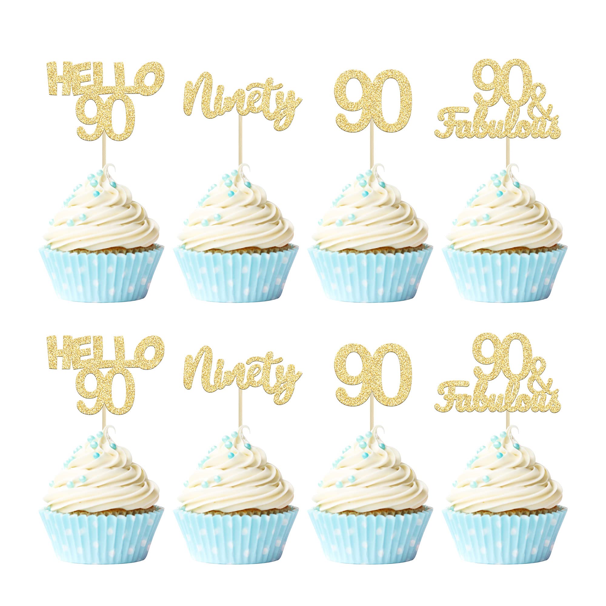 Gyufise 24Pcs 90th Birthday Cupcake Toppers Gold Glitter Hello 90 Cake Topper Ninety 90 & Fabulous Cupcake Picks 90th Birthday Cake Decorations Supplies
