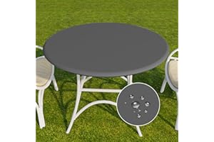 Romanstile Round Vinyl Tablecloth, 100% Waterproof Elastic Fitted Table Covers for 45"- 56" Tables, Wipeable Flannel Backed Plastic Table Cloths for Picnic, Camping, Outdoor - Grey