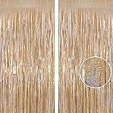 Champagne Tinsel Foil Fringe Curtain, 2 Pack 3.3 x 8.2 Ft Metallic Glitter Curtains Backdrop Streamers, Champagne Backdrop for Birthday Bachelorette Photo Booth Party Decorations