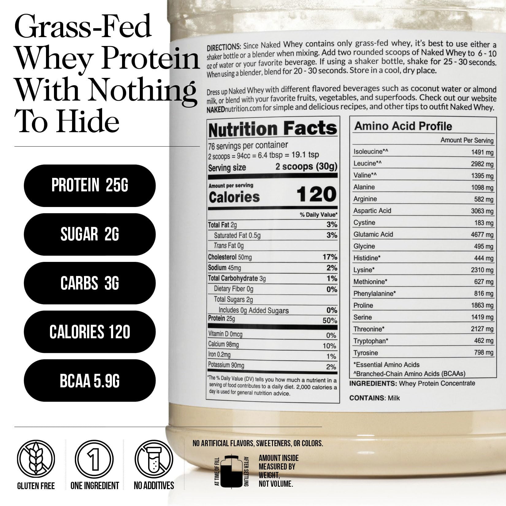 NAKED WHEY 5LB 100% Grass Fed Unflavored Whey Protein Powder - Only 1 Ingredient, Undenatured - No GMO, Soy or Gluten - No Preservatives - Promote Muscle Growth and Recovery - 76 Servings