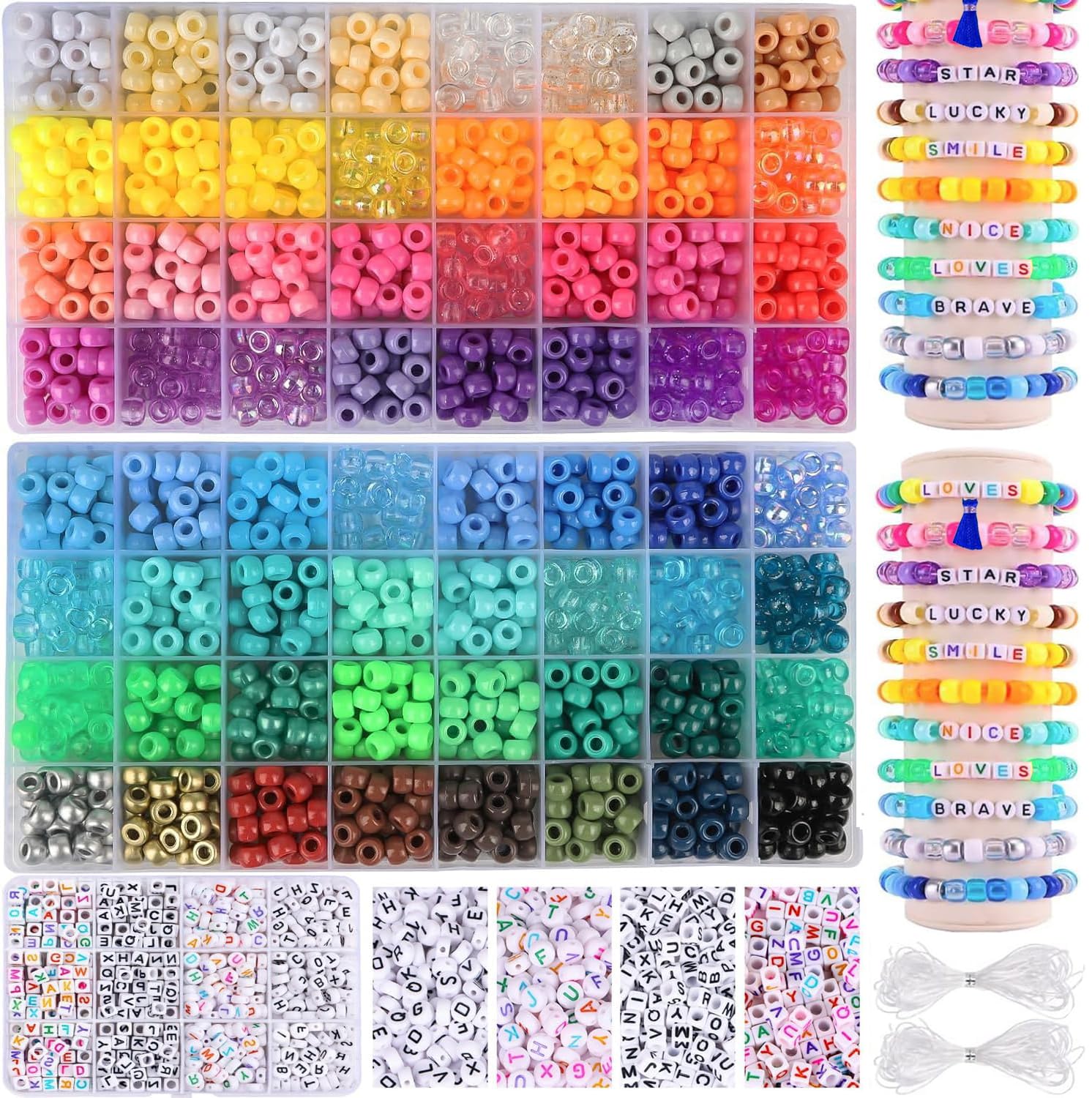 Pony Beads, 2380pcs Pony Bead for Friendship Bracelet Making, 64 Colors Hair Beads, Include Letters Kandi Bead, Tassels, Large Aperture, Simple and Easy to Learn DIY Craft Making Kit