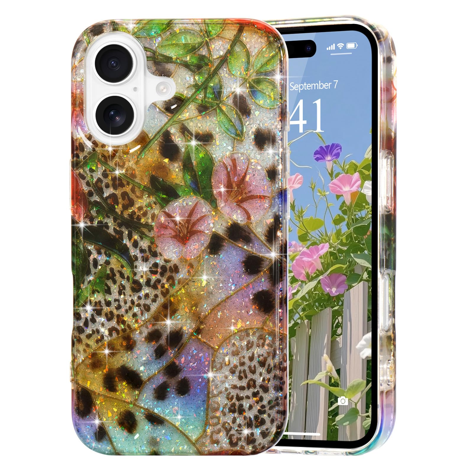 Ethanger for iPhone 16 Case Glitter Cute Floral Pattern Stylish Translucent Design for Girls Women,Soft TPU Anti-Drop Shockproof Protective Phone Case for iPhone 16 6.1",Leopard