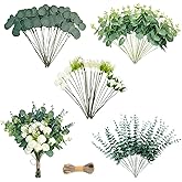SEHAUSEU Artificial Greenery Stems Set 110 Pcs 8 Kinds of Faux Eucalyptus Stems and Flowers Fake Silver Dollar Eucalyptus Leaves Stems Bulk for Wedding DIY Bouquets Vase Table Centerpieces Decor
