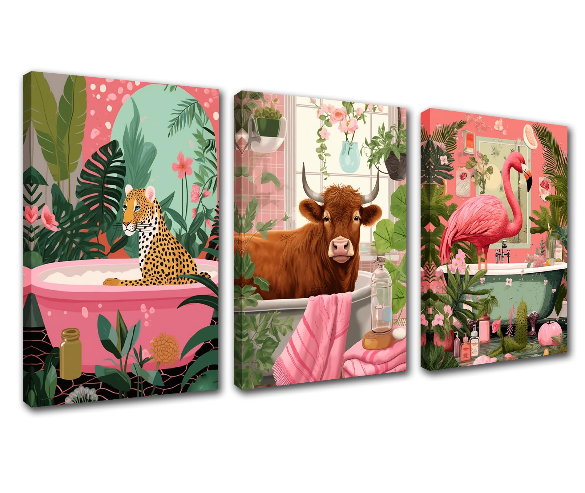 Pink Bathroom Animals Canvas Wall Art for Living Room Decor 3 Pieces Leopard Cow Flamingo in Bathtub Wall Decor Artwork Lovely Bathroom Jungle Paintings Home Room Wall Pictures Framed 42''Wx20''H