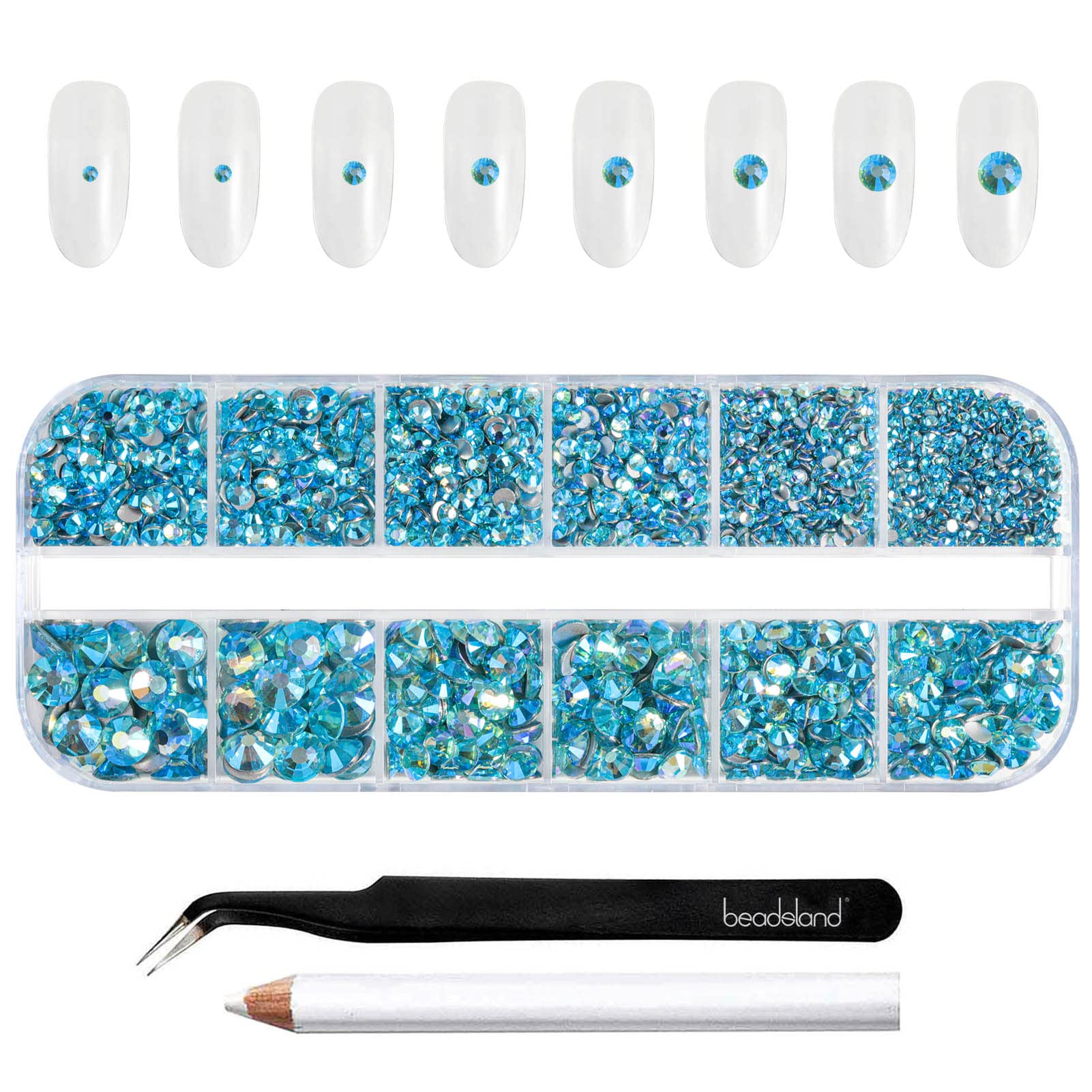 Beadsland Rhinestones for Makeup,8 Sizes 2500pcs Blue AB Flatback Rhinestones Face Gems for Nails Crafts with Tweezers and Wax Pencil,Aquamarine AB,SS4-SS30 — image 1